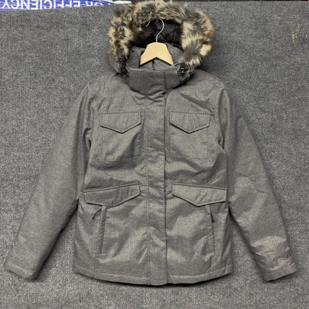 Eddie Bauer WeatherEdge Parka Jacket Womens S Gray Faux Fur Hooded Goose Down